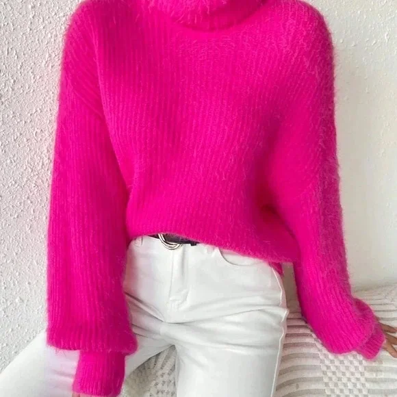 Hot Pink Casual Women's Turtleneck Drop Shoulder Fuzzy Sweater - Picture 6 of 6